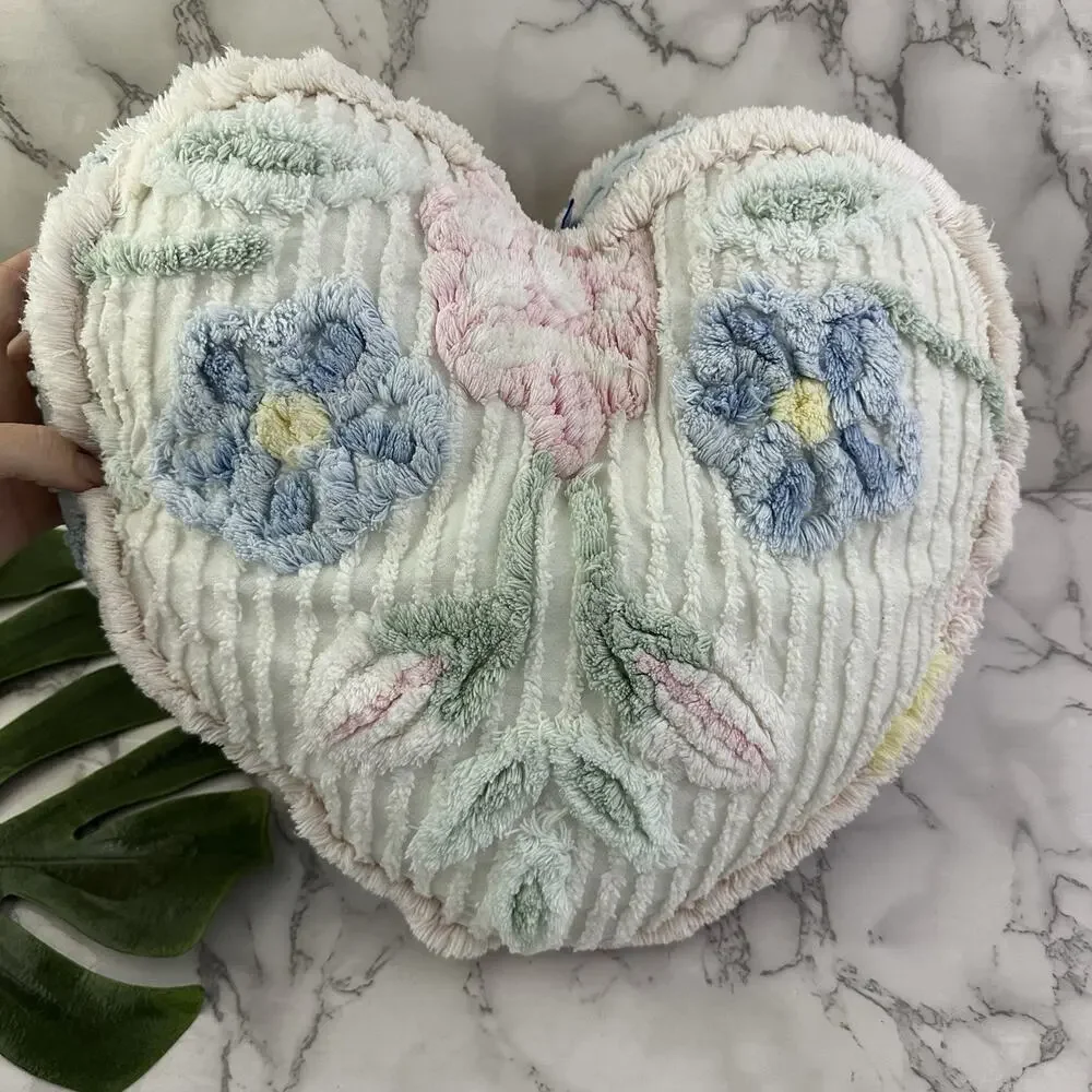 Blue Moon Vintage 90s Chenille Heart Shaped Throw Pillow White Pink Floral